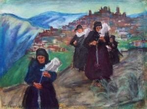 Frauen Mit Baumwollspindeln Vor Einer Akropolis In Griechenland