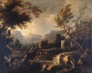 An Extensive Landscape With 
Travellers Before A Farmstead; And A Wooded Landscape With Travellers 
Crossing A Wooden Bridge by Michele Pagano