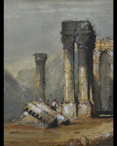Figure By A Classical Ruin In A Mountain Landscape - view 1