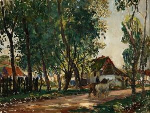 Figure And Horses In A French Landscape by Jules Eugene Pages