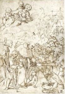 A Monk Giving Alms To A Group Of Beggars, A Church Being Built In The Background