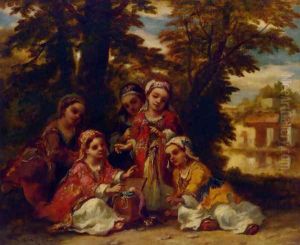Enfants turcs:cinq fillettes jouant a l'ombre de grands arbres by Narcisse-Virgile Diaz de la Pena