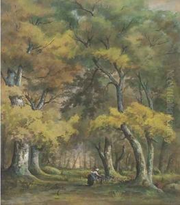 A wooded landscape with a woman gathering wood by Narcisse-Virgile Diaz de la Pena