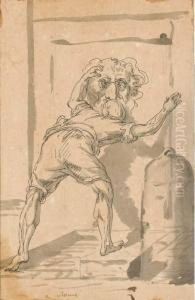 Un Homme Vu De Dos Buvant A Une Fontaine by Jacques-Augustin Pajou