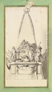Projet De Monument Funeraire 
Avec Hercule, Minerve Et Une Femme Pleurant Un Guerrier En Armure Sous 
Une Pyramide