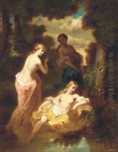 Bathers at a woodland pool by Narcisse-Virgile Diaz de la Pena