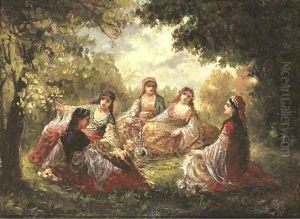 Cinq orientales fumant le narguile sous les arbres dans un jardin by Narcisse-Virgile Diaz de la Pena