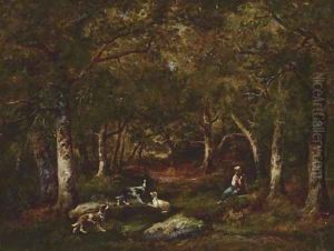 Enfant et chiens de chasse en foret by Narcisse-Virgile Diaz de la Pena