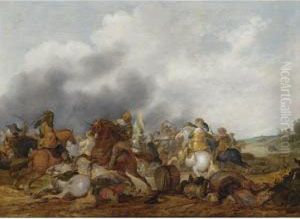 A Cavalry Battle Scene In An Open Field by Palamedes Palamedesz. (Stevaerts, Stevens)