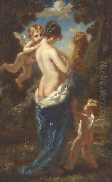 Jeune femme demi-nue, dos de trois-quarts entoure de deux amours - view 1