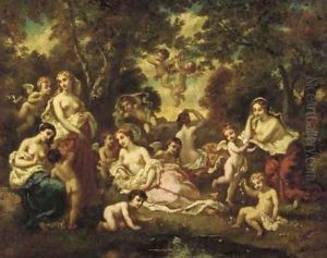 Nymphs and Putti in an Arcadian Landscape by Narcisse-Virgile Diaz de la Pena