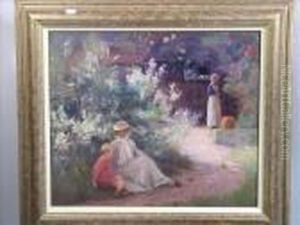 Lady With Her Young Son And Maid In The Garden