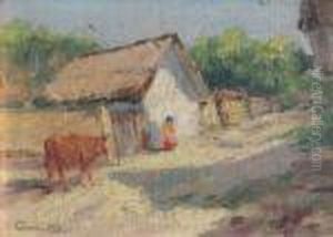 A Village Lane Withfigure And Cow by Carolus Pallya