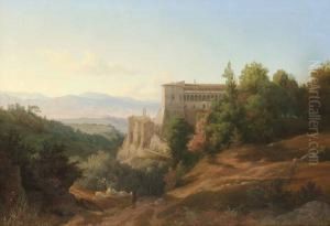 Vue Af Slottet Colonna Vid Genazzano by Gustaf-Wilhelm Palm