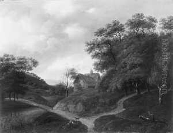 Zugeschrieben Hugellandschaft
Mit Bauernhaus Und Rastendem Wanderer. Ol Auf Leinwand. H 52; B 68 Cm - view 1
