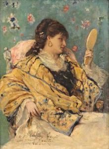 Elegante Au Face A Main Huile Sur Panneau by Vicente Palmaroli Y Gonzalez