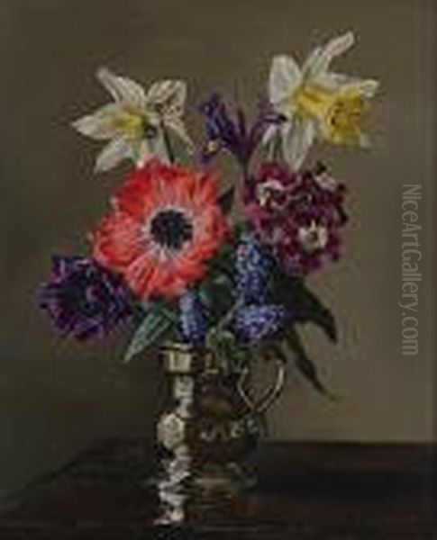 Mixed Flowers In A Pewter Tankard. - view 1