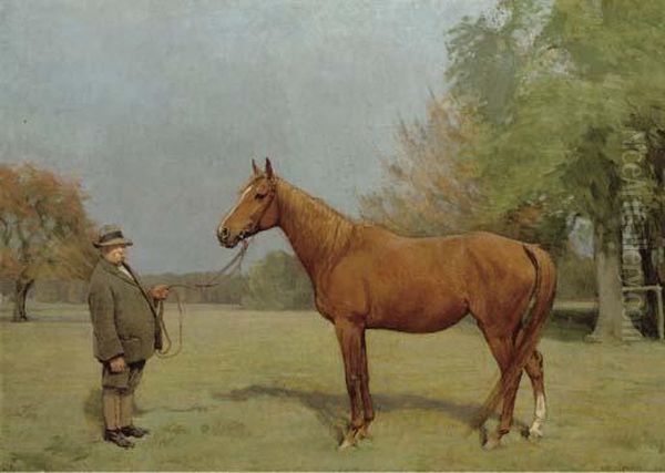 A Chestnut Hunter And Groom, In An Extensive Landscape - view 1