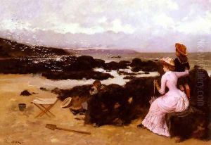 Femme Et Enfants Sur La Plage (Lady and Two Children on the Beach) by Ernest Ange Duez