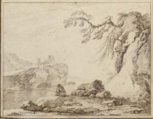 An Extensive Landscape With A Fisherman By A River, A Castle Seenon The Far Bank