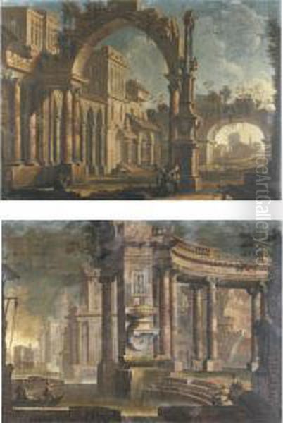 Architectural Capriccio With 
Figures Underneath An Arch; Architectural 
Capriccio Along A River - view 1