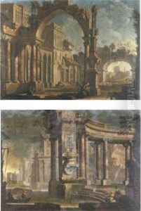 Architectural Capriccio With 
Figures Underneath An Arch; Architectural 
Capriccio Along A River by Pietro (Il Mirandolese) Paltronieri