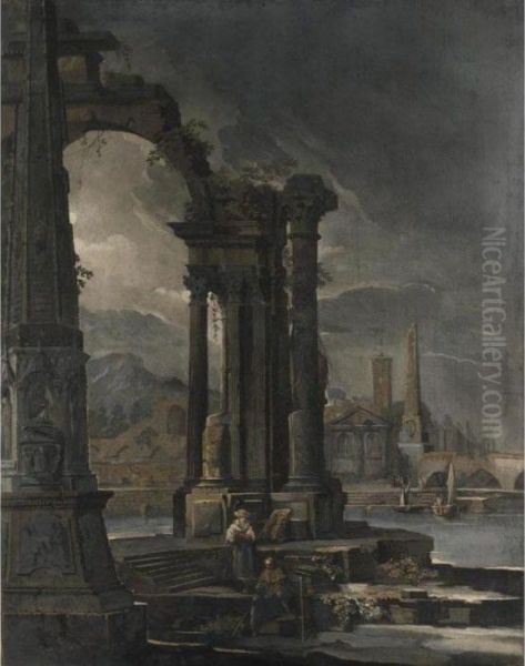 Veduta Fantastica Con Rovine Classiche Lungo La Riva Di Un Fiume - view 1