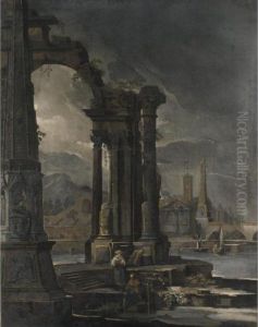 Veduta Fantastica Con Rovine Classiche Lungo La Riva Di Un Fiume by Pietro (Il Mirandolese) Paltronieri