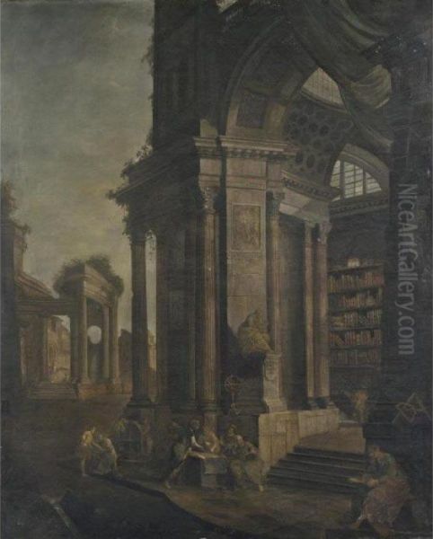 Veduta Fantastica Con Antica Biblioteca E Filosofi - view 1