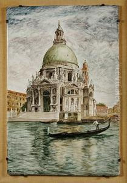 "veduta Della Chiesa Della 
Salute - Venezia" Piastrella In Ceramica Dipinta In Policromia Firmata 
In Basso A Sinistra, In Cornice - view 1