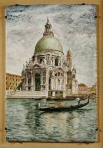 "veduta Della Chiesa Della 
Salute - Venezia" Piastrella In Ceramica Dipinta In Policromia Firmata 
In Basso A Sinistra, In Cornice