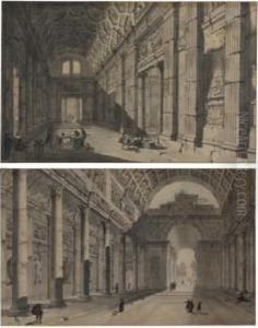 A Pair Of Views Of The Interiors Of Roman Temples
