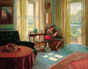A Woman Reading In A Sunlit Interior
