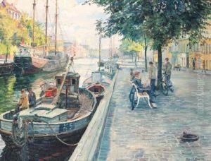 Boats Moored Along A Canal, Copenhagen by Robert Panitzsch