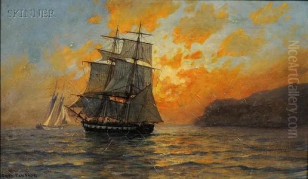 A Man O'war Brig At Sunset - view 1