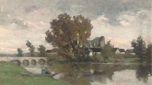 Anglers before a bridge by Karl Pierre Daubigny