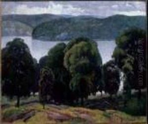 Trees By The Lake Oil On Canvas by Lawrence Arthur C. Panton