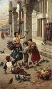 Feeding The Pigeons In The Piazza San Marco by Antonio Paoletti