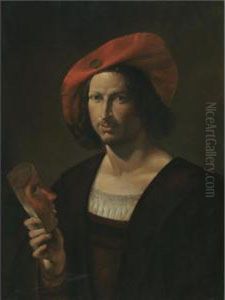 Portrait Of A Young Man, Half Length, Wearing A Wide-brimmed Red Hat And Holding A Mask by Pietro Paolini