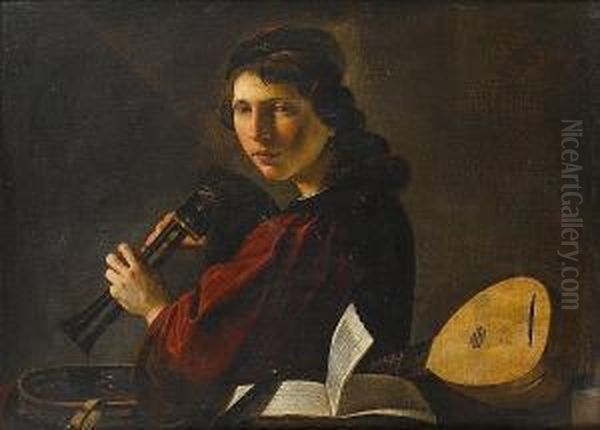 A Young Man Holding Bagpipes 
Standing Beside A Table With A Lute, A Tambourine And A Book Of Music by Pietro Paolini