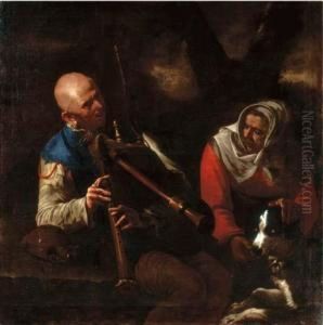 A Peasant Playing A Bagpipe And An Old Woman Listening With Adog