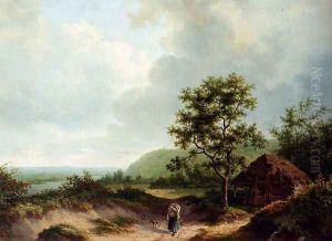 A Wooded River Landscape by Alexander Joseph Daiwaille