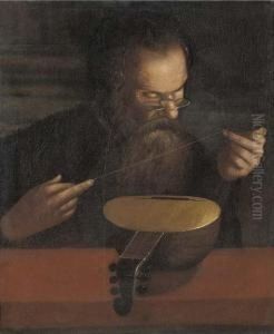 An Old Man Stringing A Lute
