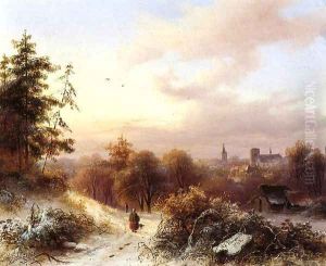Winter A Peasant on a Path in a Wooded Landscape a Town in the Background by Alexander Joseph Daiwaille