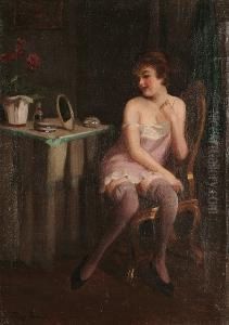 A Scantily Clad Lady At Her Dressing Table by Emil Pap