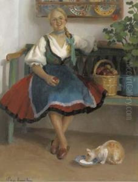 Girl With Apples And Her Cat - view 1