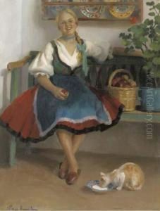 Girl With Apples And Her Cat by Emil Pap