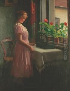 A Young Girl By A Window With A Canary