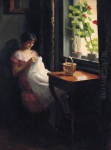 A Girl Sewing By A Sunlit Window by Emil Pap