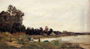 Washerwomen In A River Landscape by Hippolyte Camille Delpy